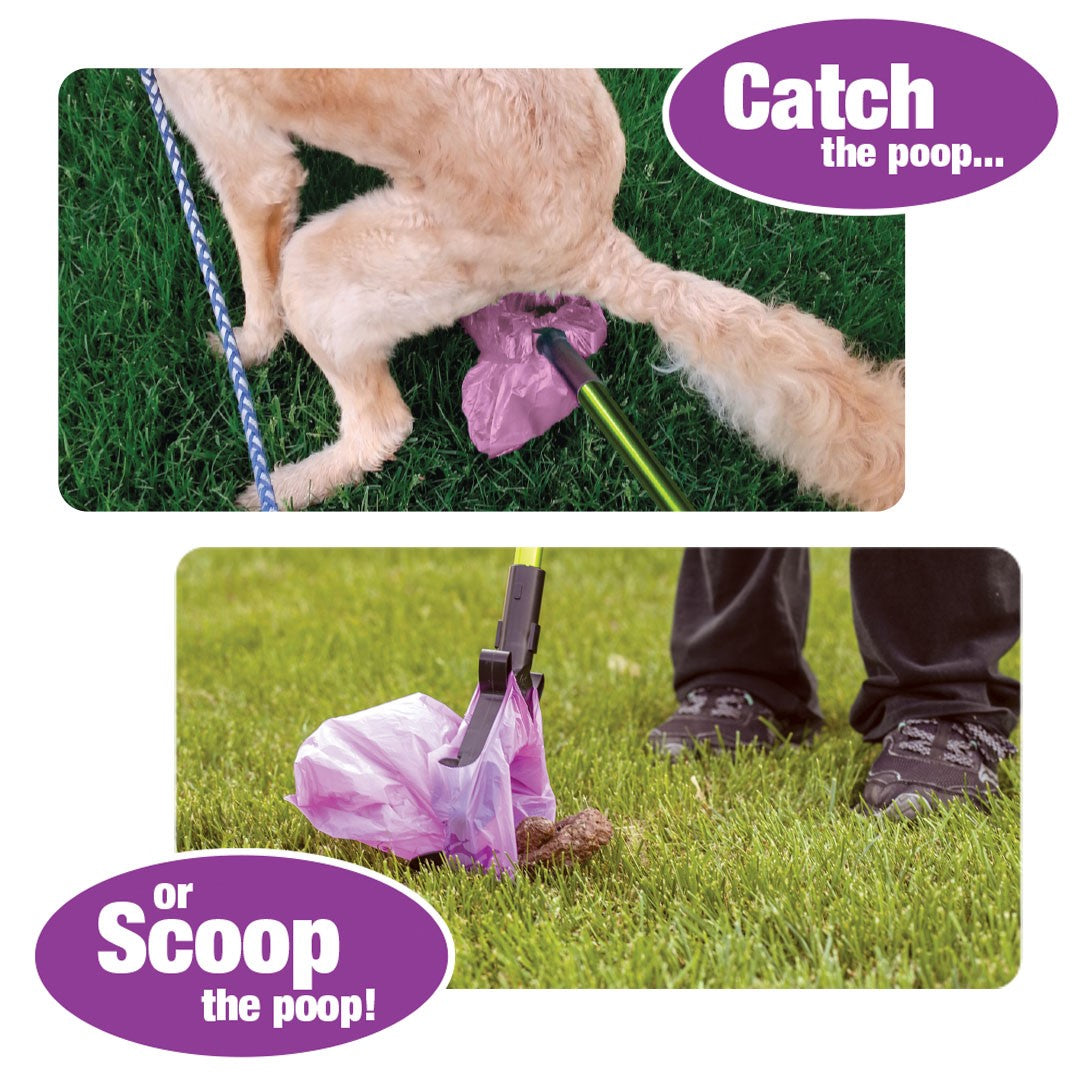 GoGo Stik, Catch-N-Go Best Poo Catcher Scooper. Catch Poo on Walks. Aluminum Telescopic Handle, Happy Dootie Bags, Strap on Roll Bag Pouch Dispenser, and Convenient Wrist Strap. Super Quick and Clean!