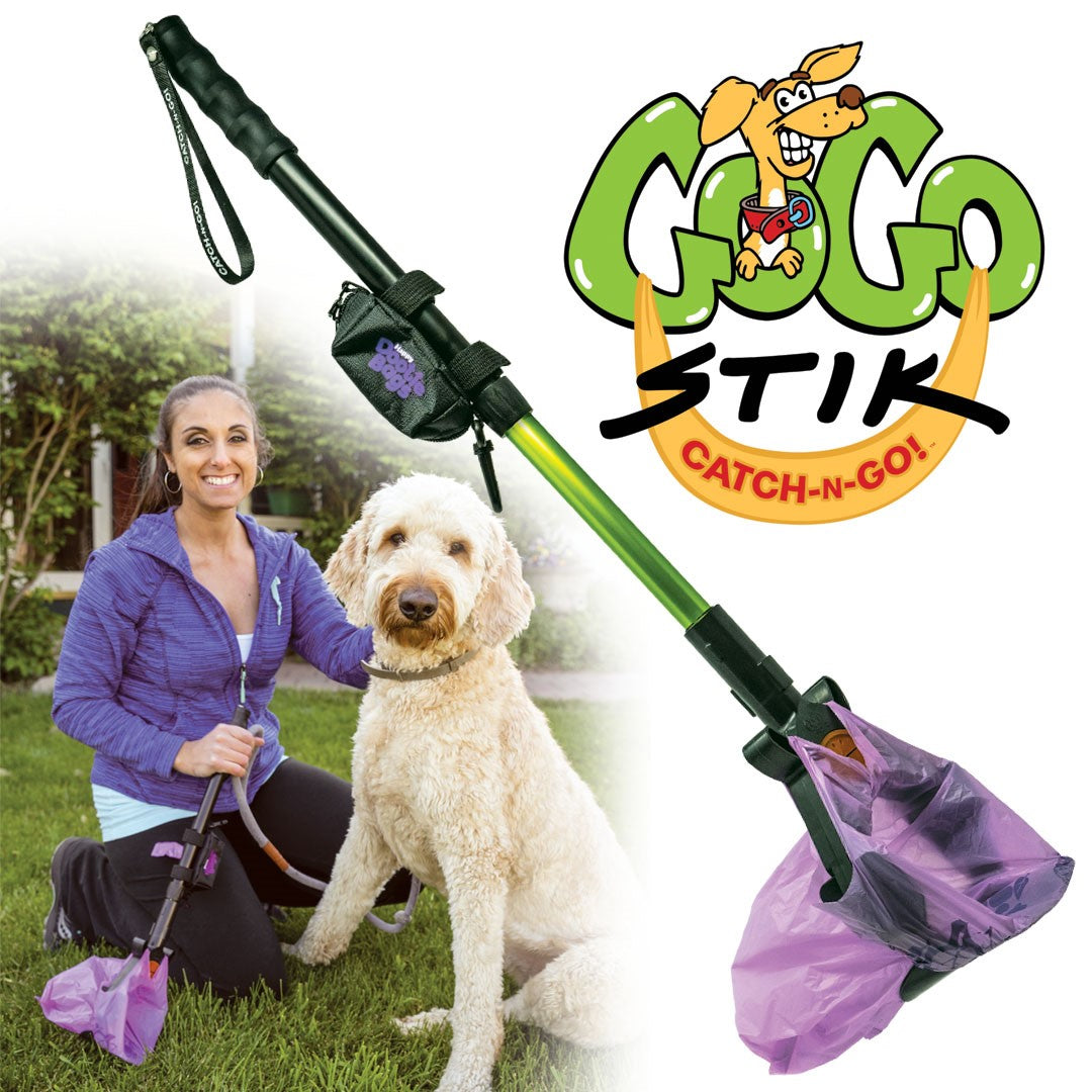 GoGo Stik, Catch-N-Go is a Hybrid Pooper Scooper. Includes Happy Dootie Bags and Strap on Dispenser. Clean, Quick, and Convenient! All Dogs. Catch Poo on Walks. Hands and Scooper Stay Totally Clean. Aluminum Adjustable Handle.