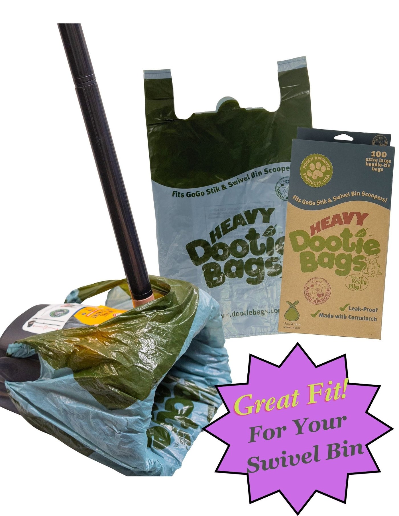 HEAVY Dootie Bags™, VERY LARGE E-Z Tie Handle Poop Bags Made with Corn Starch. Fits GoGo Stik and Swivel Bin Pooper Scoopers, Use for Kitty Litter Cleanup, 100 Count