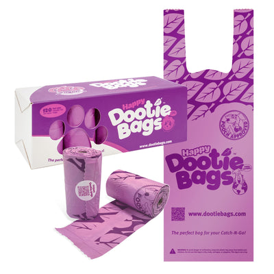 Happy Dootie Bags® Medium Pet Poop Bags, 12 Count Rolls Easy Tie Handles for Roll Dispensers. Strong, Leakproof. Made with Corn Starch. Convenient for Walks. Fits GoGo Stik Catch N Go Pooper Scoopers.