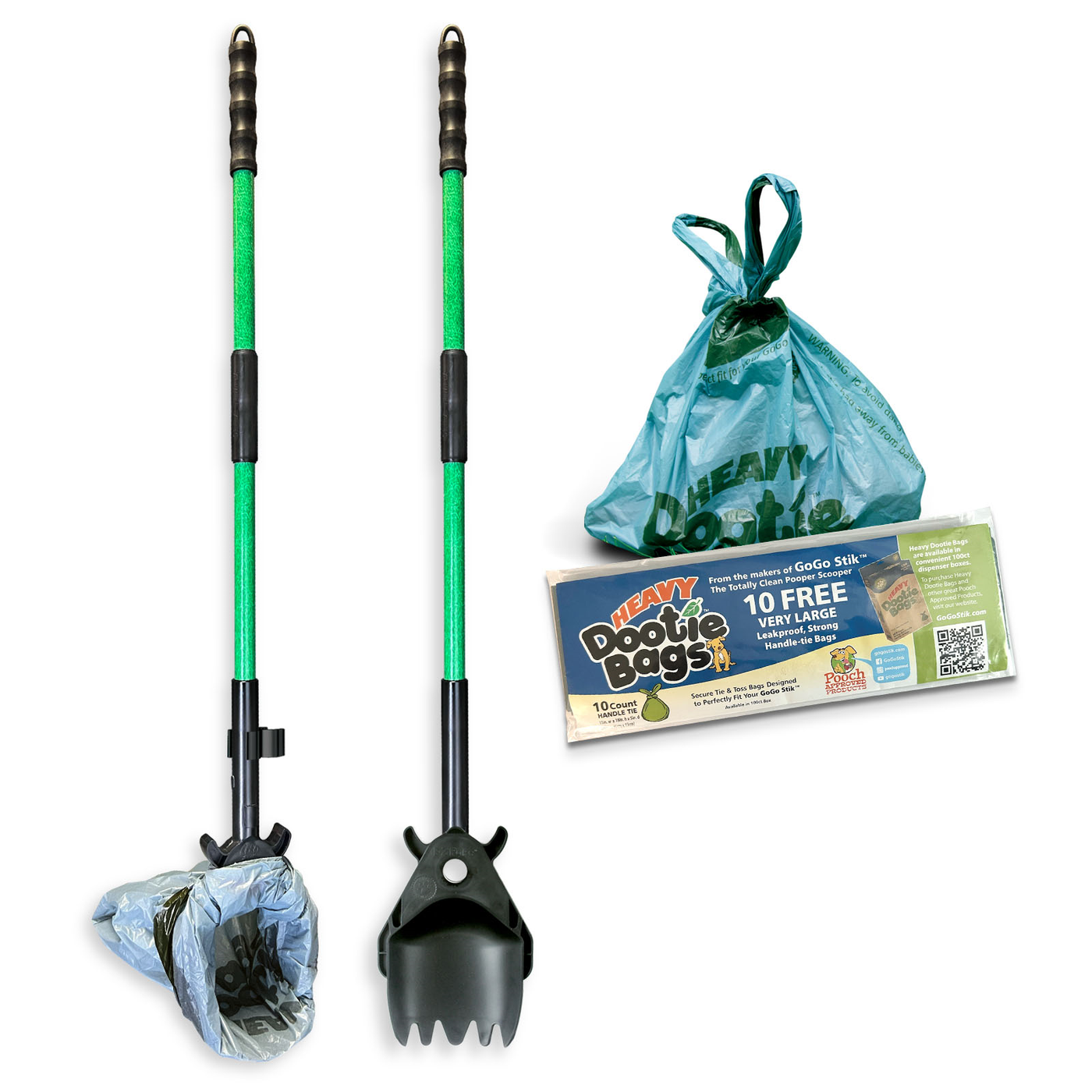 GoGo Stik® XP Pooper Scooper and Hybrid Dootie Rake Set. Strong FRP Handles. Small Medium and Large Dogs even Geese. Hands Clean, Quick, and Convenient Scooping. Includes 10 Dootie Bags Waste Bags.