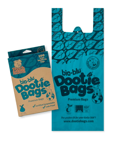 Bio-Blu Dootie Bags™, Medium-Large Certified Compostable, E-Z Tie Handle Poop Bags, Strong, Leak Proof, 100 Count. Designed to Fit GoGo Stik ST Catch-N-Go and XP Pooper Scoopers
