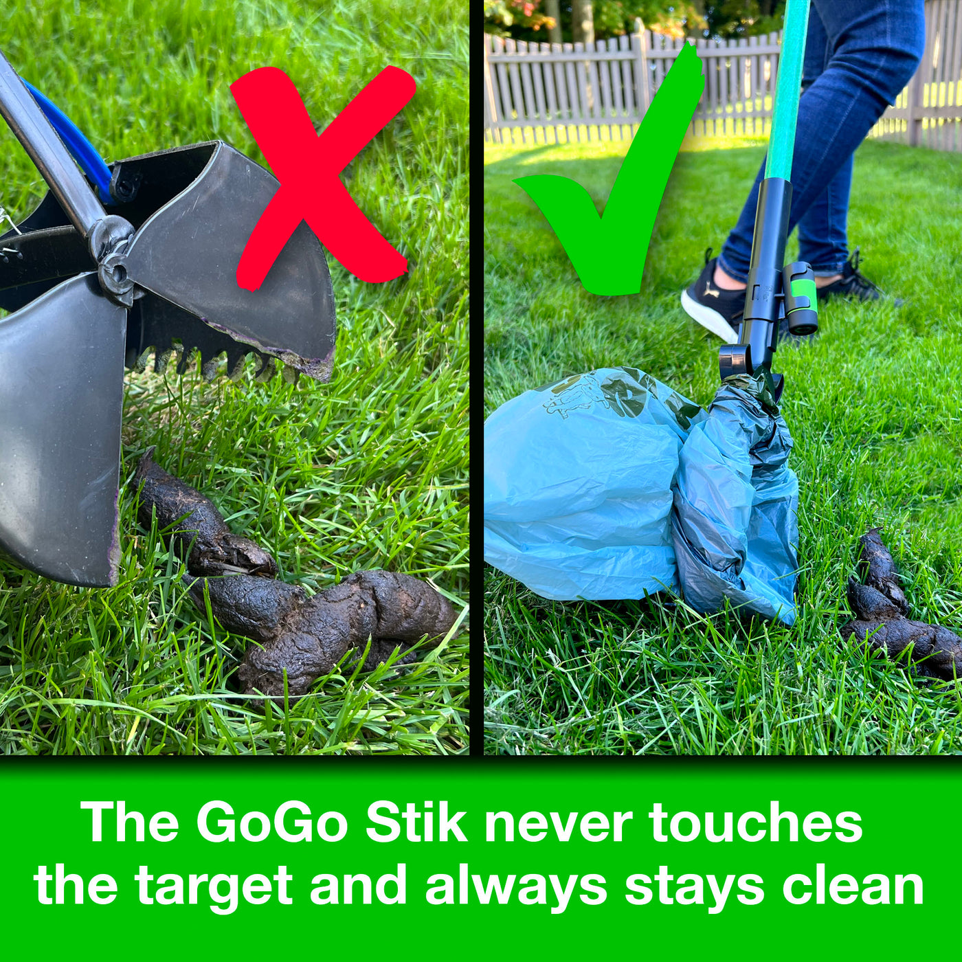 GoGo Stik® Totally Clean Pooper Scooper and Dootie Rake Set. Strong Adjustable Aluminum Handles. Small to Large Dogs. Hands Clean Scooping on Grass, Gravel or Indoors. Use Store Bags or Dootie Bags.