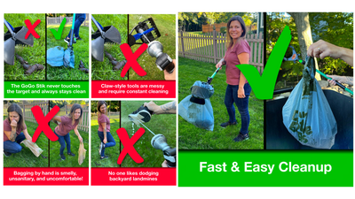 GoGo Stik, Catch-N-Go is a Hybrid Pooper Scooper. Includes Happy Dootie Bags and Strap on Dispenser. Clean, Quick, and Convenient! All Dogs. Catch Poo on Walks. Hands and Scooper Stay Totally Clean. Aluminum Adjustable Handle.